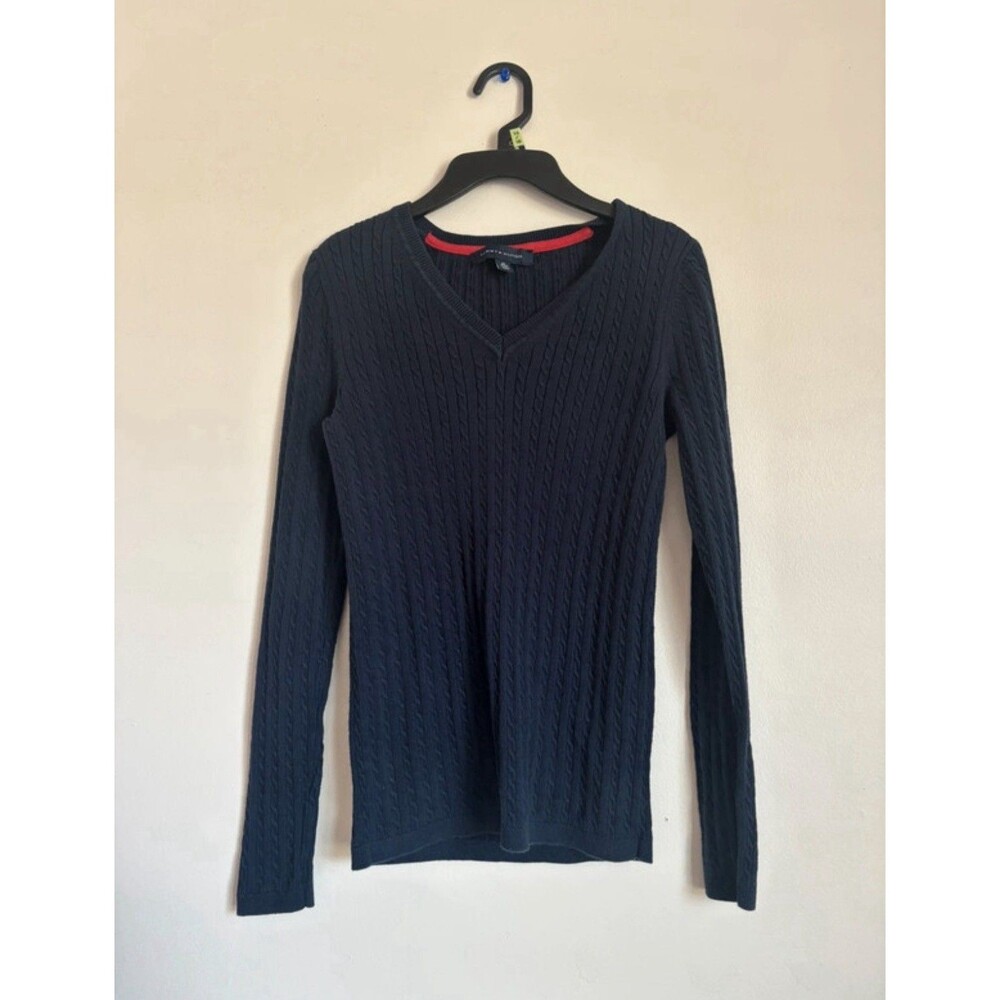 Tommy Hilfiger Women's V-Neck Cable Knit Sweater Navy Blue Size XS Long Sleeve